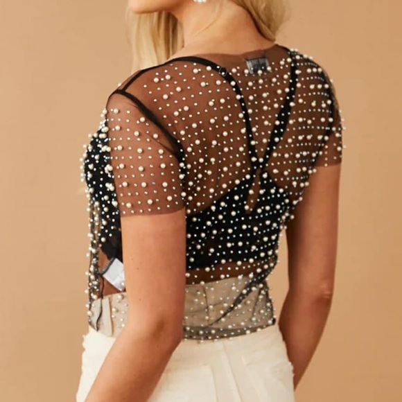 Women’s Pearl Rhinestone Sheer Mesh Cropped Tee - Picture 2 of 4